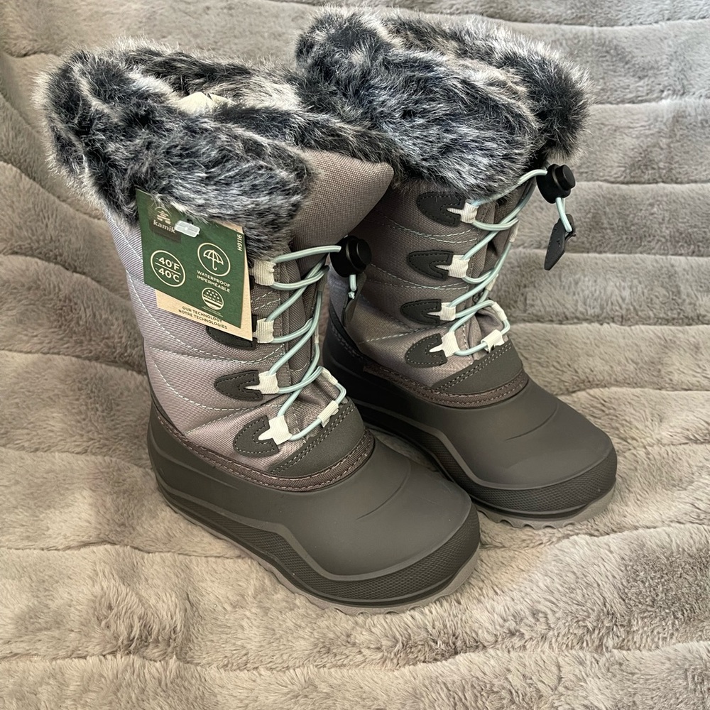 Kamik Girls Winter Boots in Gray and Mint with Faux Fur Trim